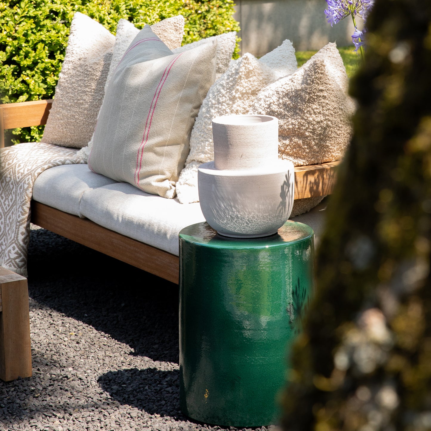 Serax_stool green and Scapa_Home_cushions and plaid garden_setting