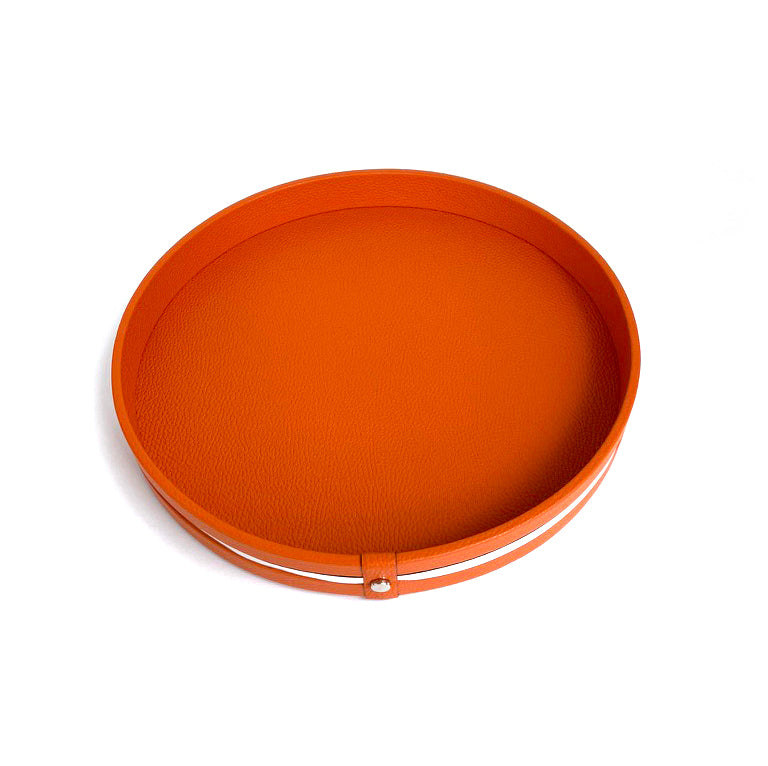 Pinetti_leather_tray_Venere_orange with silver detailing 35 cm dia.