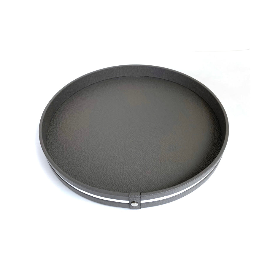 Pinetti_leather_tray_venere_dark grey with silver detailing 40 cm dia Pinetti_leather_tray_venere_dark grey with silver detailing 40 cm dia.