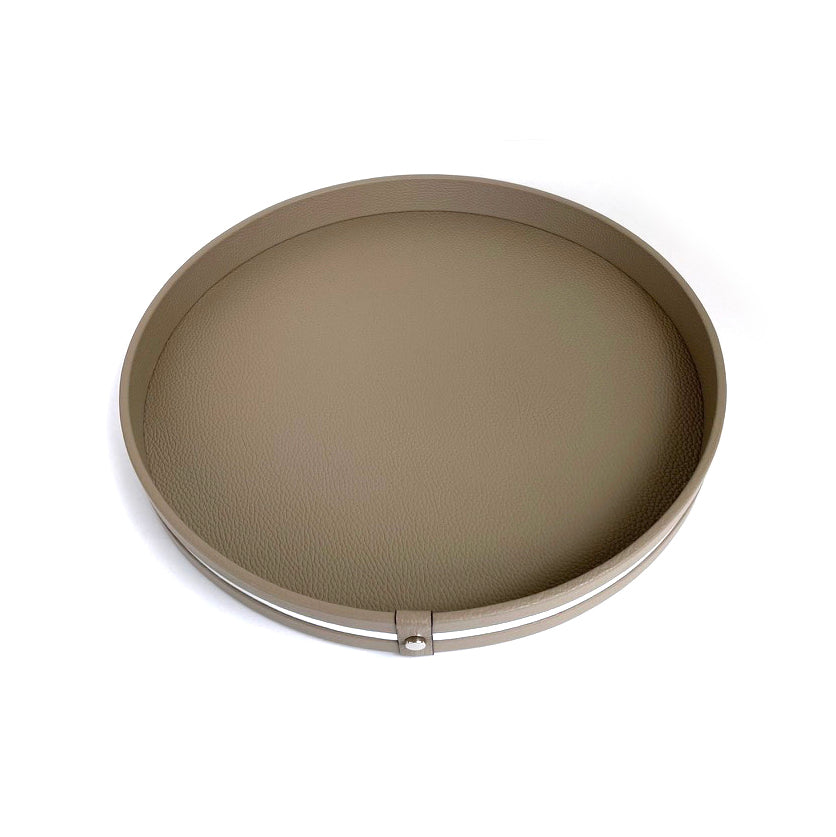 Pinetti_leather_tray_venere_taupe with silver detailing 40 cm dia Pinetti_leather_tray_venere_taupe with silver detailing 40 cm dia.