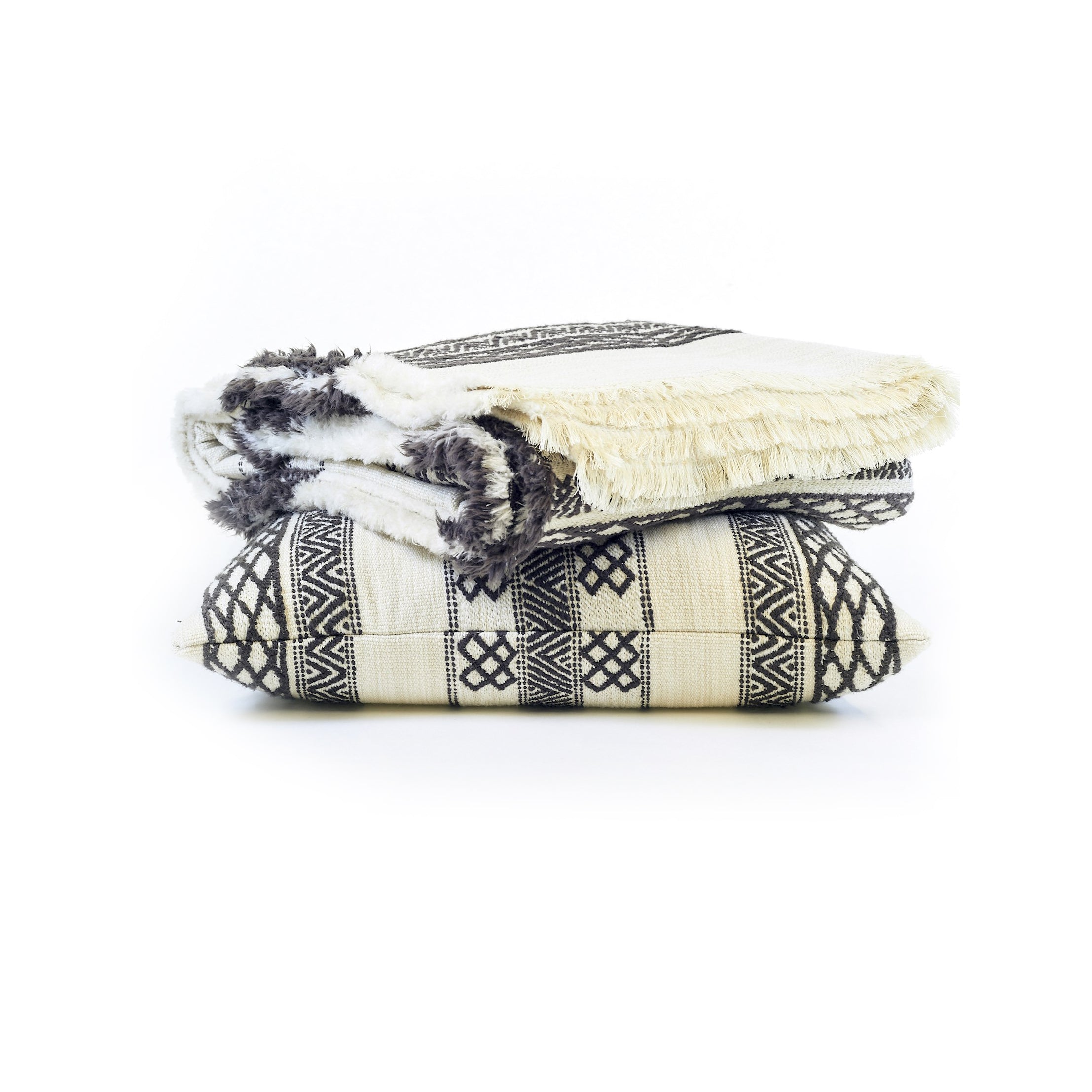 Scapa_Home_Grim_chalk_white-coffee_cushion and plaid set in ethnic pattern