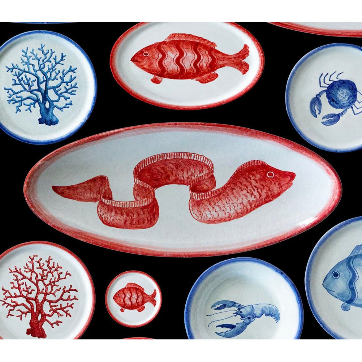 Arcucci_Ceramics_Dinner_plates_Materia_and_Osteria_Red_table_setting coral and sea creatures Arcucci_Ceramics_Dinner_plates_Materia_and_Osteria_Red_table_setting coral and sea creatures