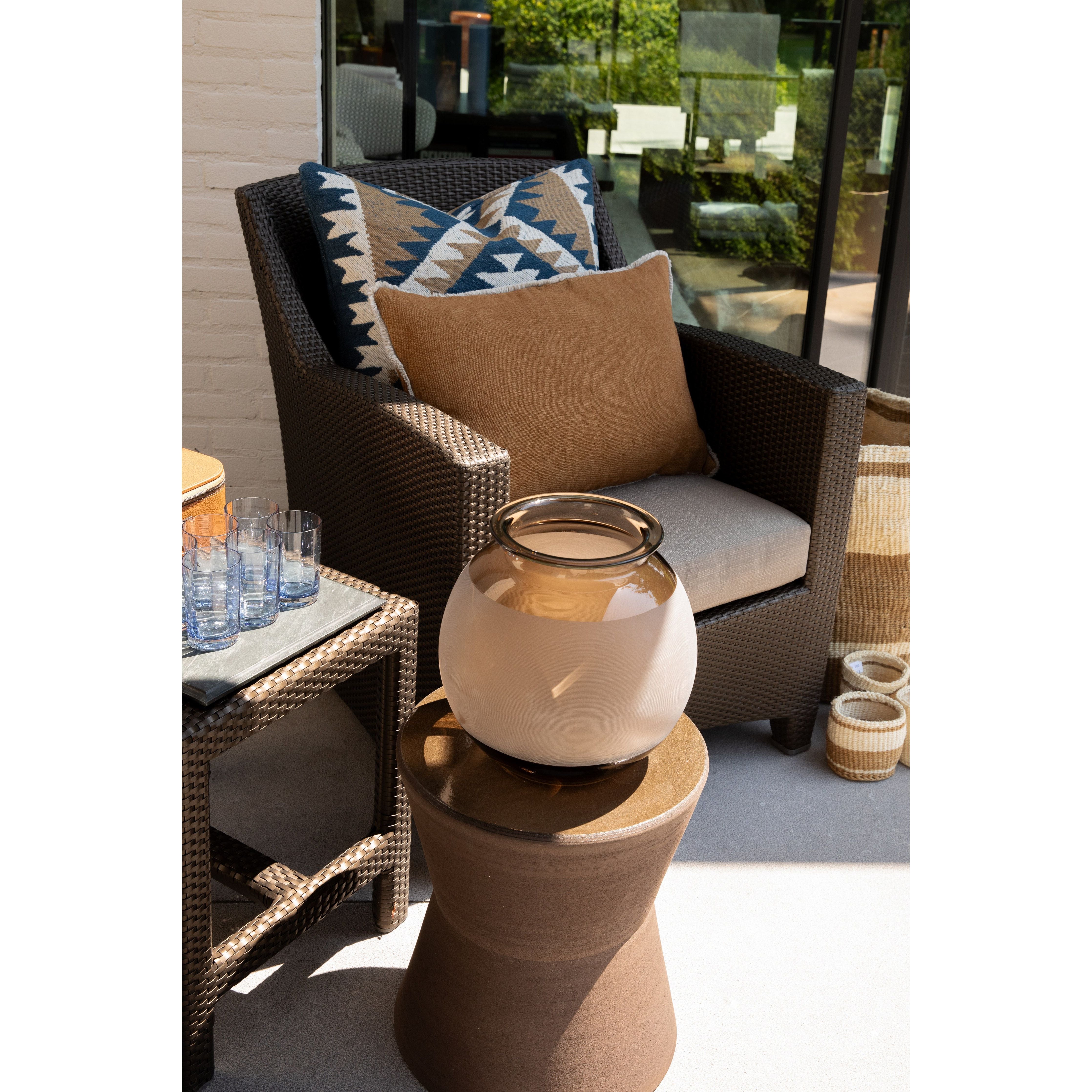 Murano glasses_Serax stools _Scapa_Home_cushions and baskets terrace_setting Murano glasses_Serax stools _Scapa_Home_cushions and baskets terrace_setting