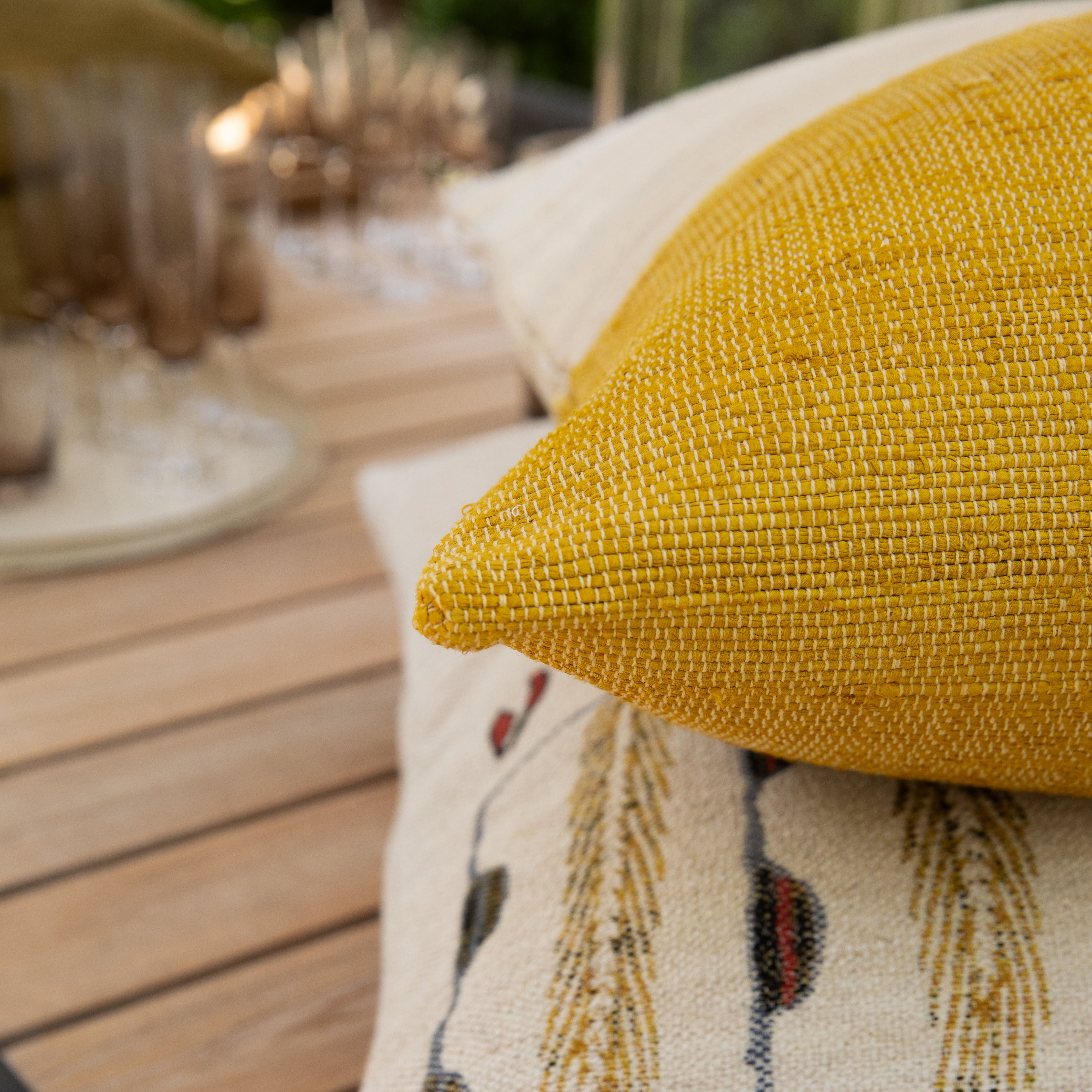 Scapa_Home_cushions_Goghen folk pattern_and Usha dip dyed silk ochre