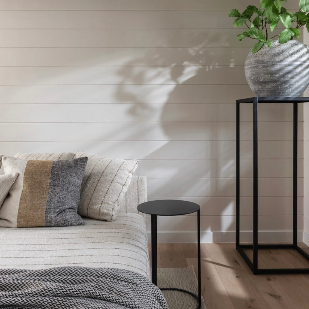 Scapa_Home_Rad_black powdercoated metal_Cubo_round side table_bedroom setting