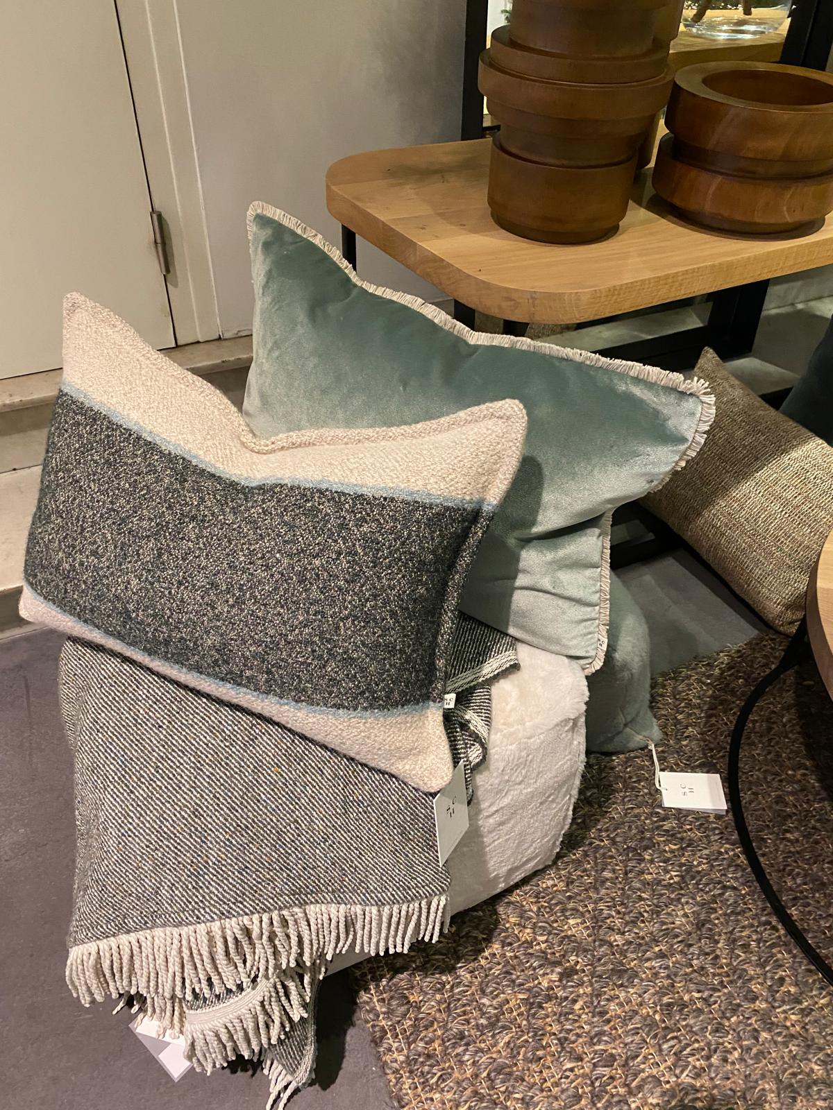 Scapa Home stool setting with grey and blue cushions and plaid2 Scapa Home stool setting with grey and blue cushions and plaid2