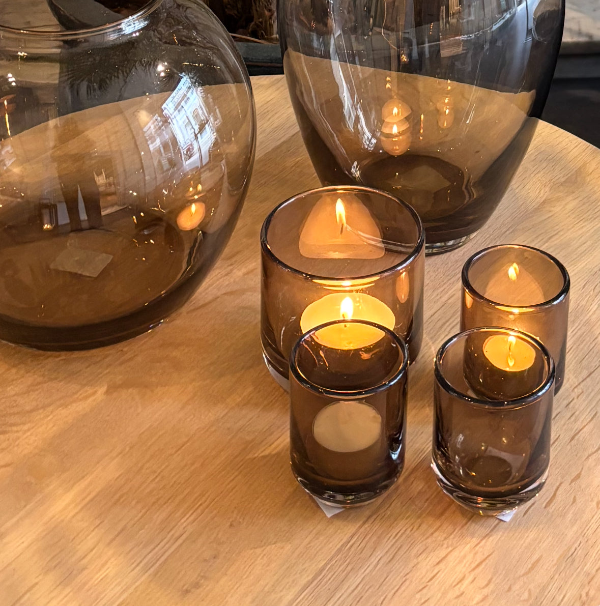 Scapa Home lantern 'Mood' and 'Titus' in vison on table