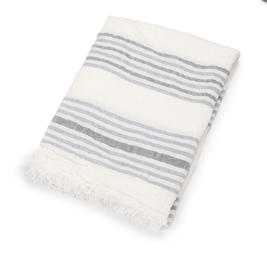 Scapa Home's strandlaken/plaid 'Capri' in multi-streep in lichtblauw en grijs blauw